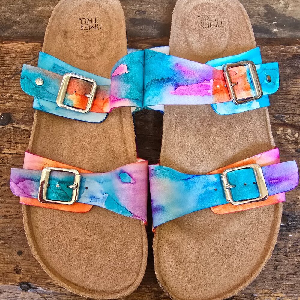 Never worn size 10 hand-colored tie-dye Birk-style sandals!